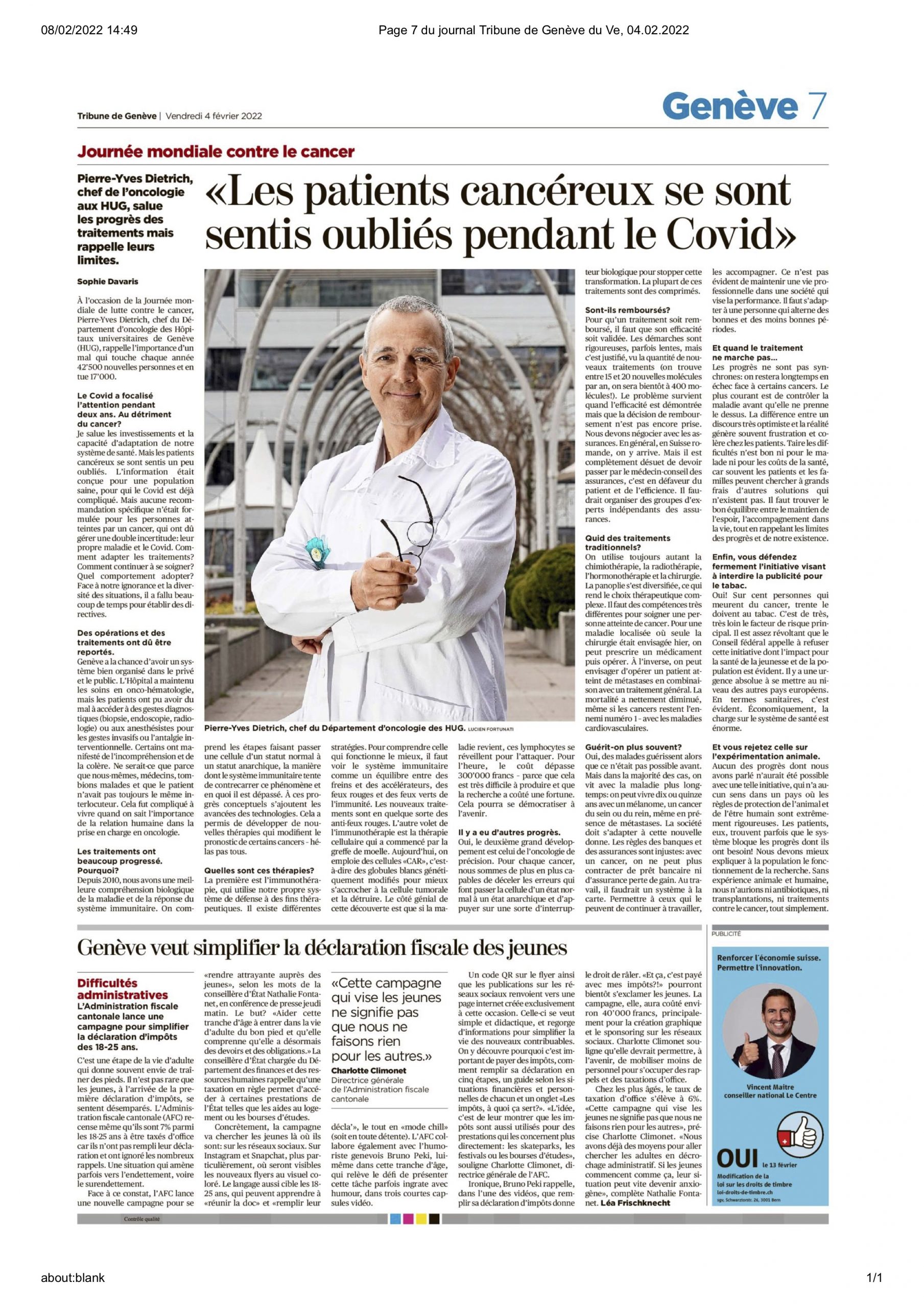 Pierre-Yves Dietrich « Les patients cancéreux se sont sentis oubliés pendant le covid. »